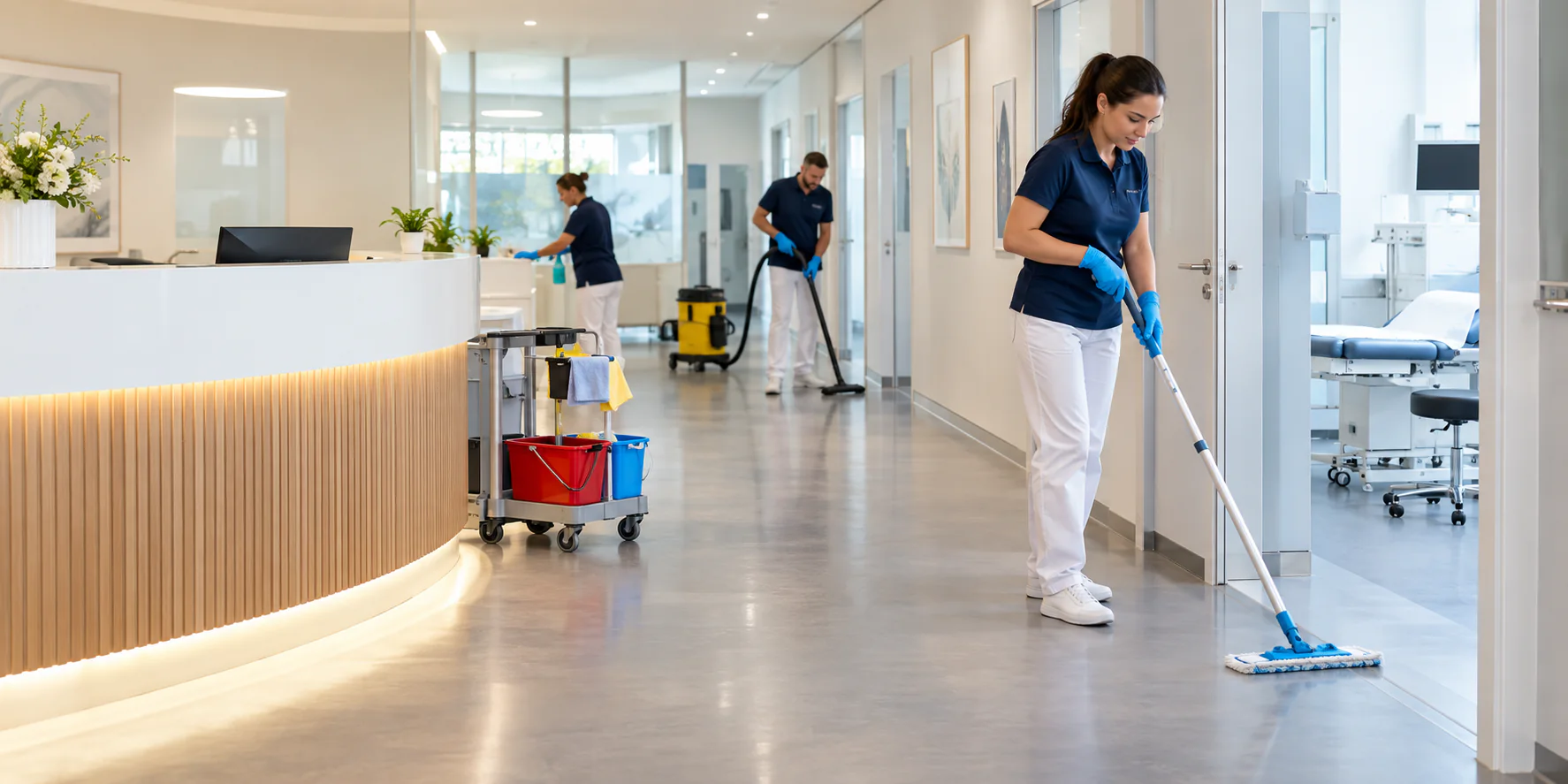 Professionelle Grundreinigung in einer Berliner Praxis außerhalb der Behandlungszeiten